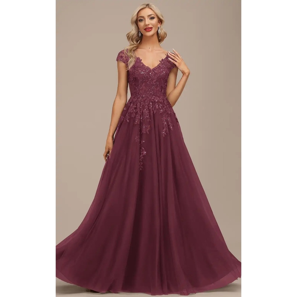 JJ's House Burgundy Lace Sequin Tulle A-Line Evening Gown Prom Dress - Picture 1 of 5